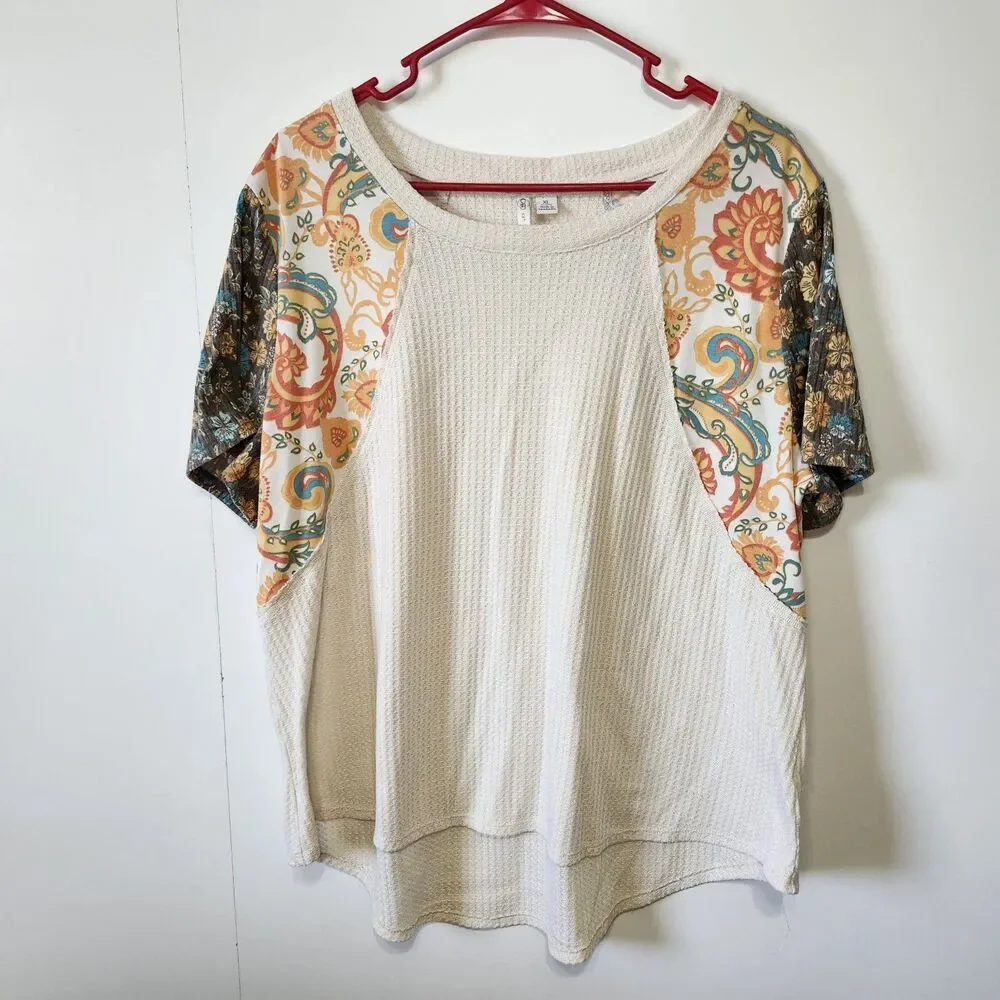 Cato Womens XL Floral Patchwork Waffle Knit Top Raglan Short Sleeve Boho - Picture 1 of 8